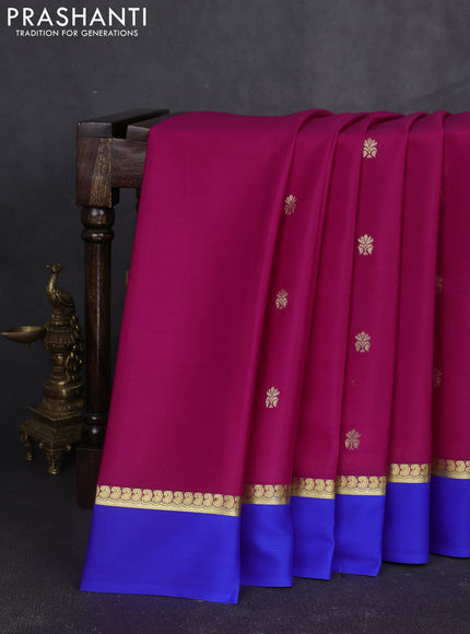 Pure mysore silk sareee dark pink and blue with zari woven buttas and zari woven simple border