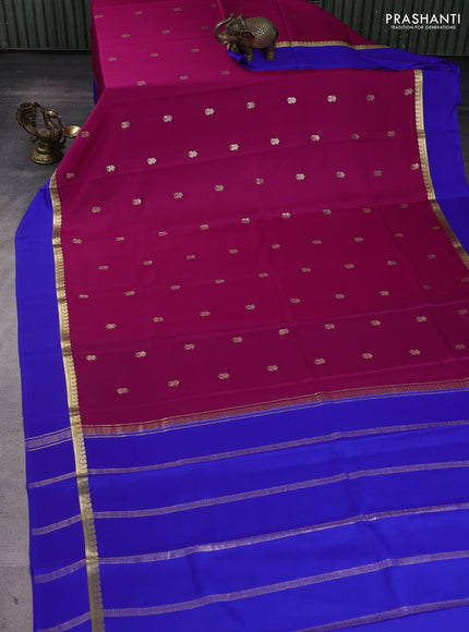 Pure mysore silk sareee dark pink and blue with zari woven buttas and zari woven simple border