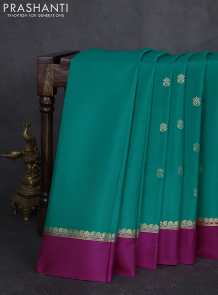 Pure mysore silk sareee teal green and magenta pink with zari woven buttas and zari woven simple border