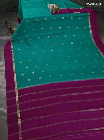 Pure mysore silk sareee teal green and magenta pink with zari woven buttas and zari woven simple border
