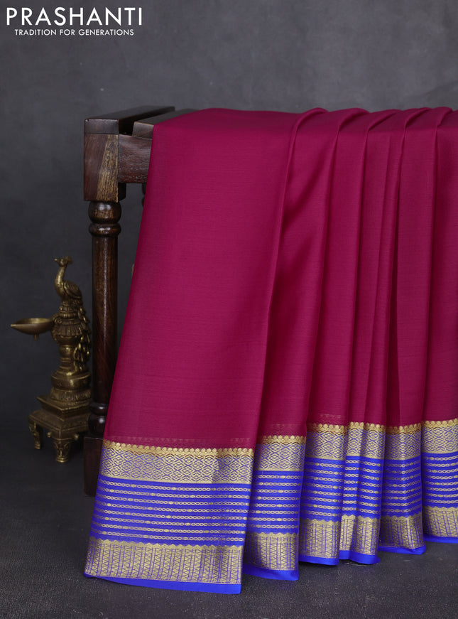 Pure mysore silk sareee dark pink and blue with plain body and zari woven border
