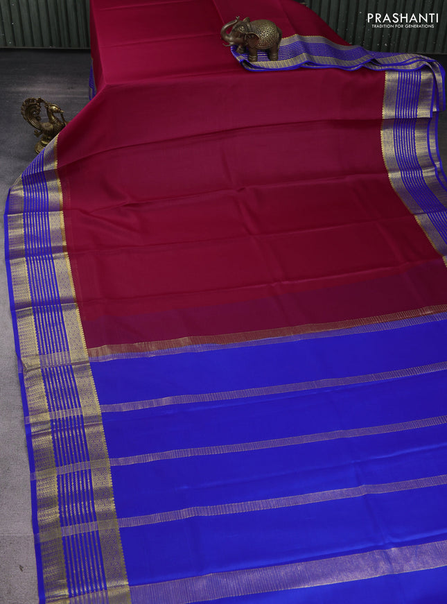 Pure mysore silk sareee dark pink and blue with plain body and zari woven border
