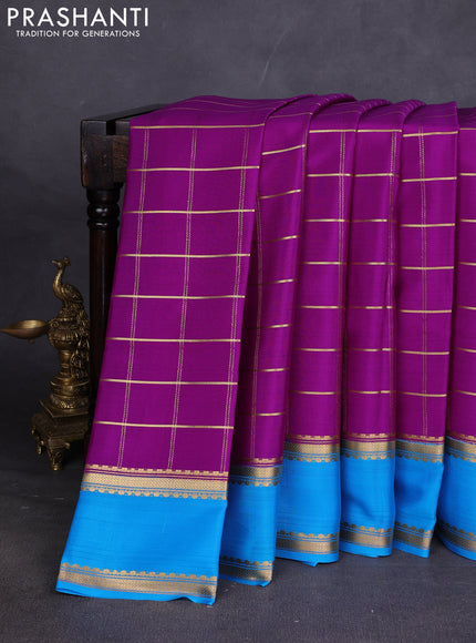 Pure mysore silk sareee purple and cs blue with allover zari woven checked pattern and rettapet zari woven border