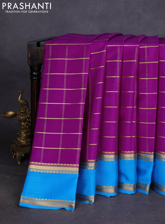 Pure mysore silk sareee purple and cs blue with allover zari woven checked pattern and rettapet zari woven border