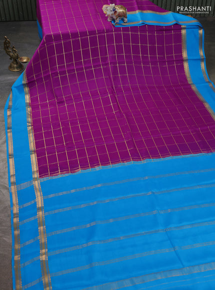 Pure mysore silk sareee purple and cs blue with allover zari woven checked pattern and rettapet zari woven border