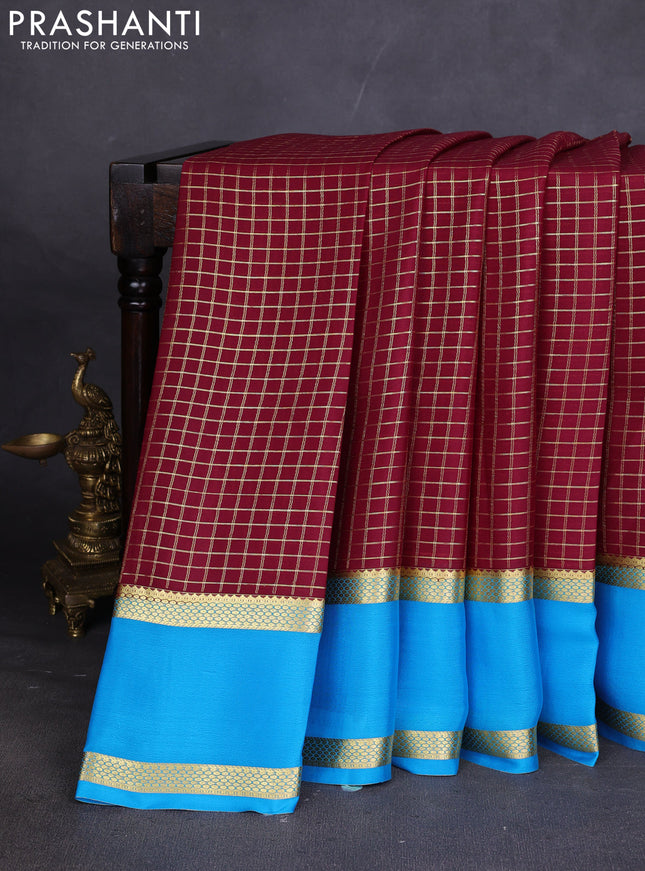 Pure mysore silk sareee maroon and cs blue with allover zari woven checked pattern and rettapet zari woven border