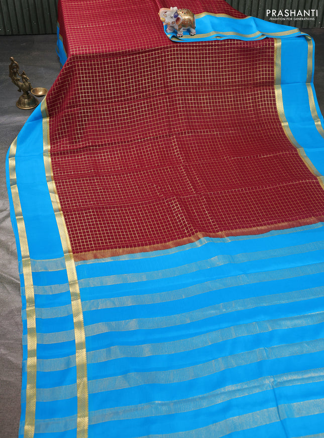 Pure mysore silk sareee maroon and cs blue with allover zari woven checked pattern and rettapet zari woven border