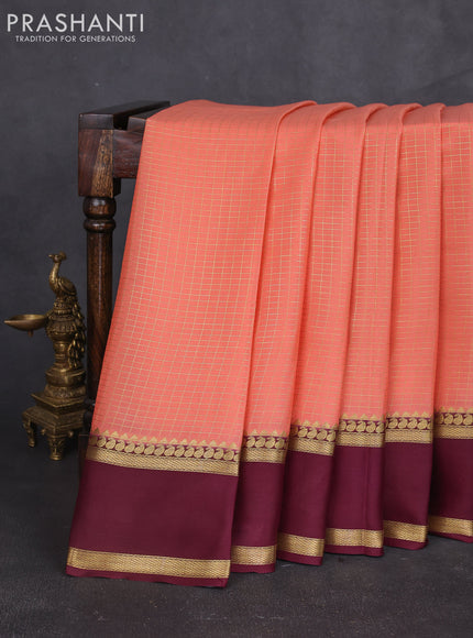Pure mysore silk sareee peach shade and wine shade with allover zari woven checked pattern and rettapet zari woven border
