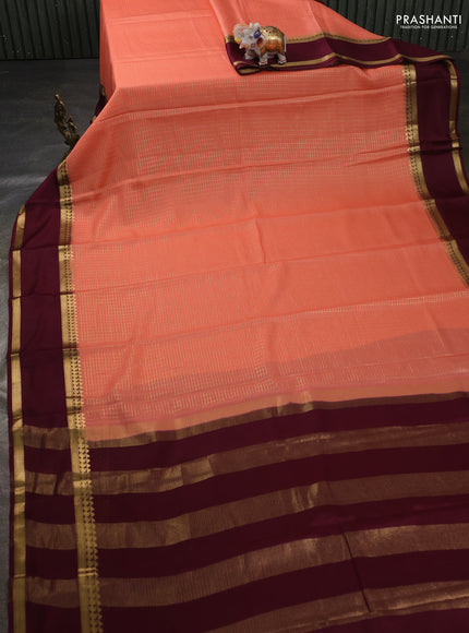 Pure mysore silk sareee peach shade and wine shade with allover zari woven checked pattern and rettapet zari woven border