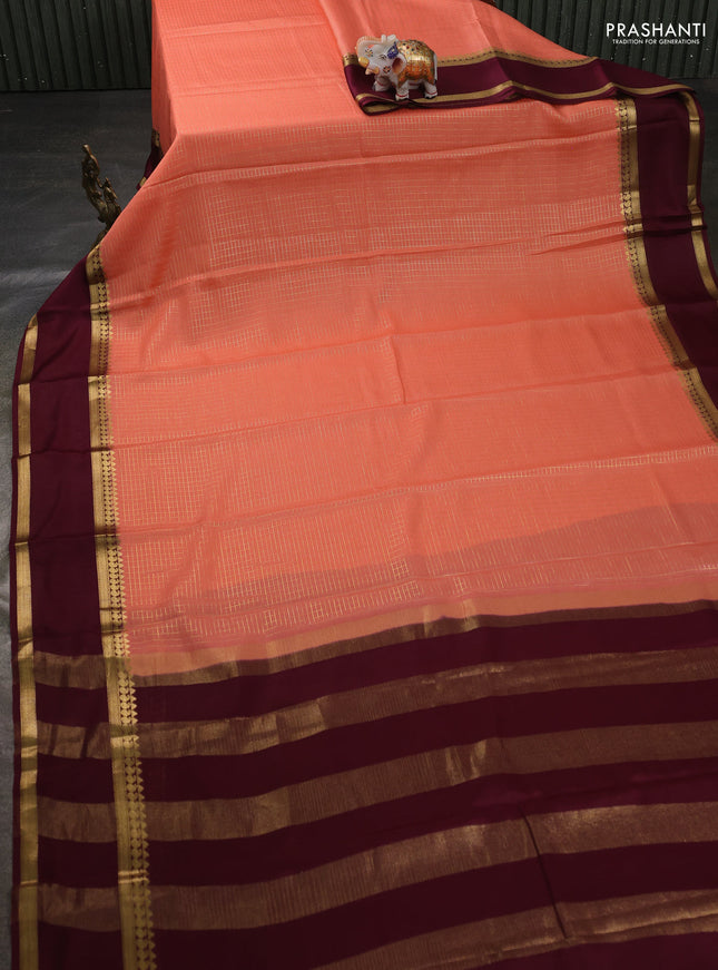 Pure mysore silk sareee peach shade and wine shade with allover zari woven checked pattern and rettapet zari woven border