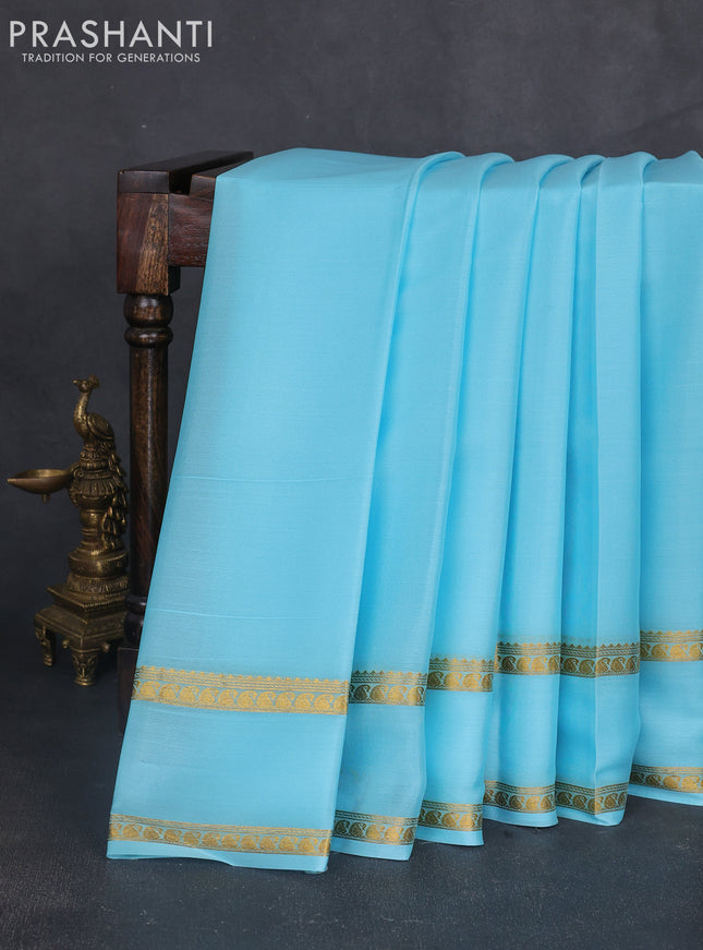 Pure mysore silk sareee light blue with plain body and rettapet zari woven border