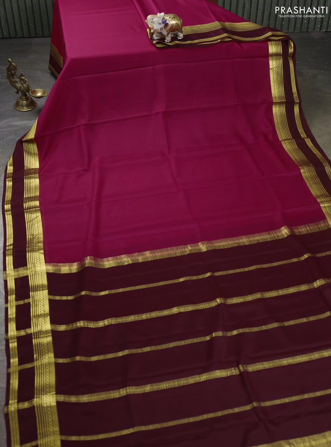 Pure mysore silk sareee pink and coffee brown with plain body and rettapet zari woven border