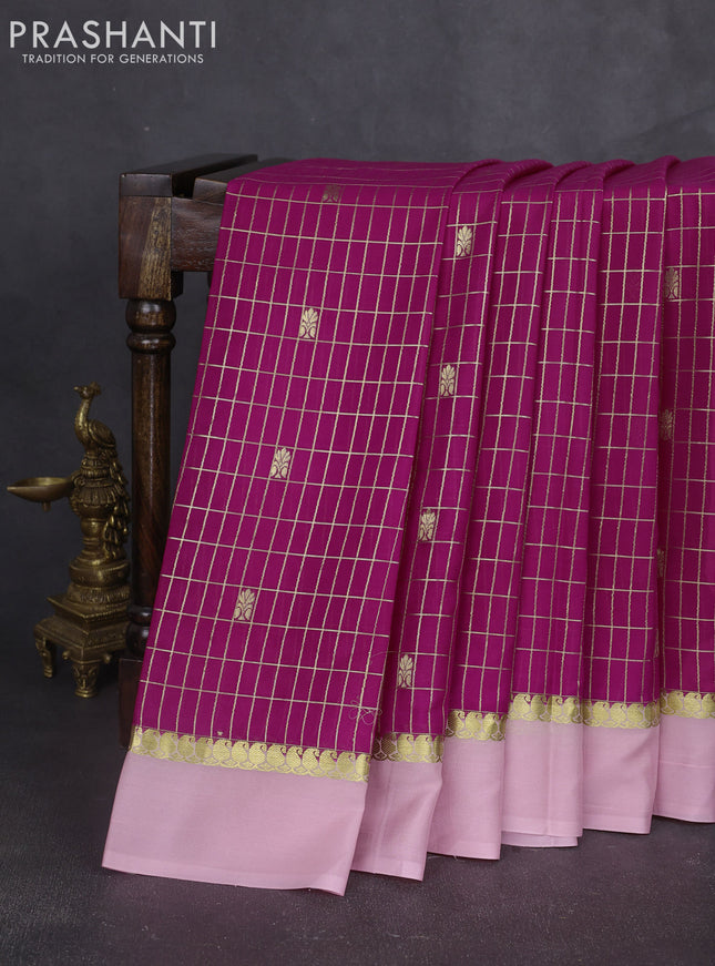 Pure mysore silk sareee pink and mild peach with allover zari woven checked pattern and zari woven simple border