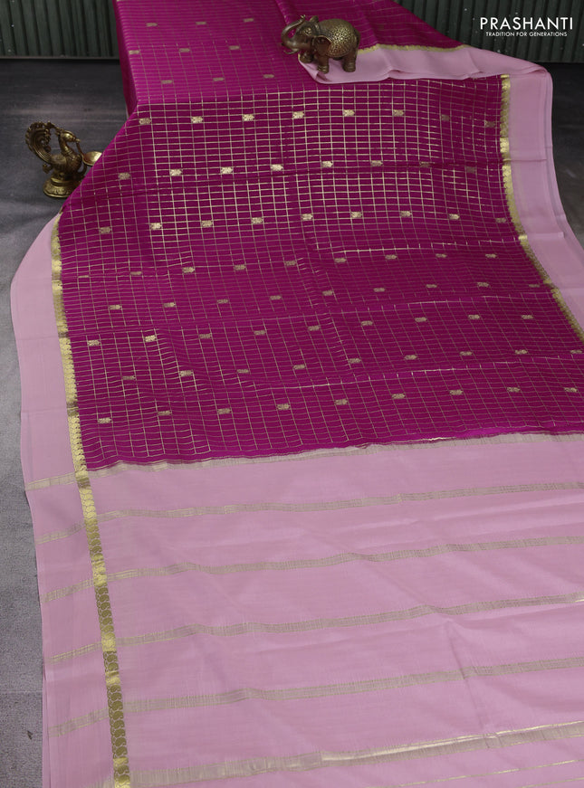 Pure mysore silk sareee pink and mild peach with allover zari woven checked pattern and zari woven simple border