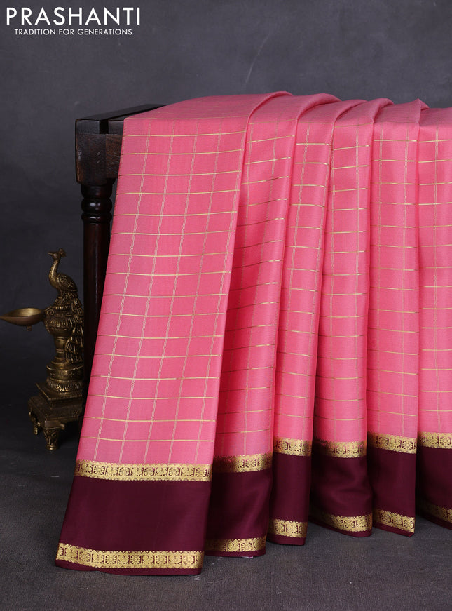 Pure mysore silk sareee peach pink shade and deep maroon with allover zari woven checked pattern and rettapet zari woven border