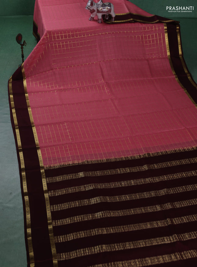 Pure mysore silk sareee peach pink shade and deep maroon with allover zari woven checked pattern and rettapet zari woven border