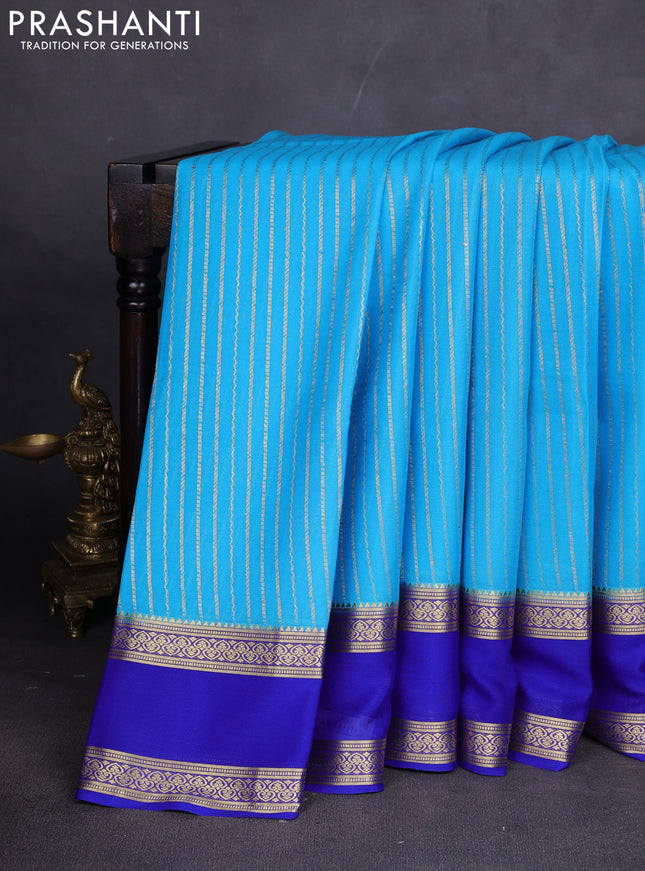 Pure mysore silk sareee light blue and royal blue with allover zari weaves and rettapet zari woven border