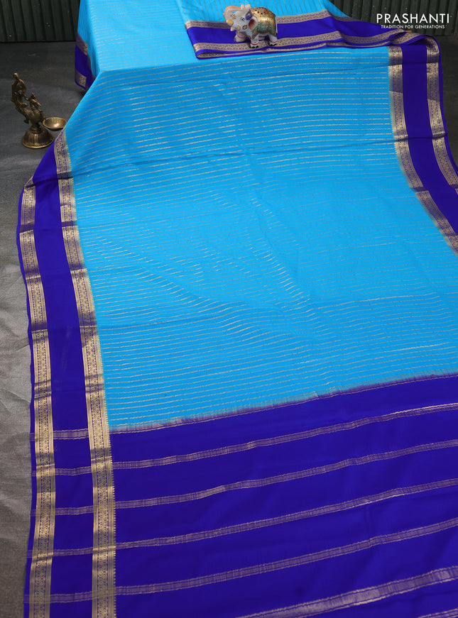 Pure mysore silk sareee light blue and royal blue with allover zari weaves and rettapet zari woven border
