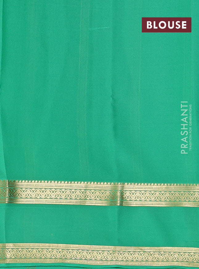 Pure mysore silk sareee bottle green and teal green with allover zari weaves and rettapet zari woven border