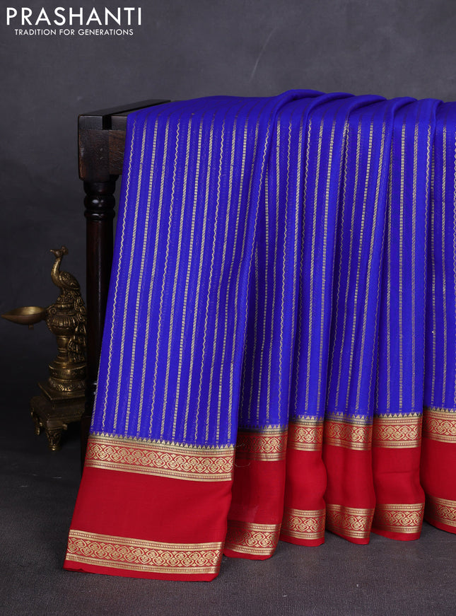 Pure mysore silk sareee royal blue and red with allover zari weaves and rettapet zari woven border