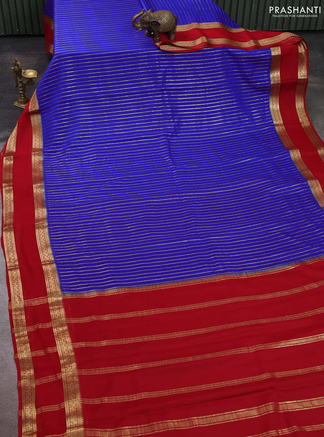 Pure mysore silk sareee royal blue and red with allover zari weaves and rettapet zari woven border
