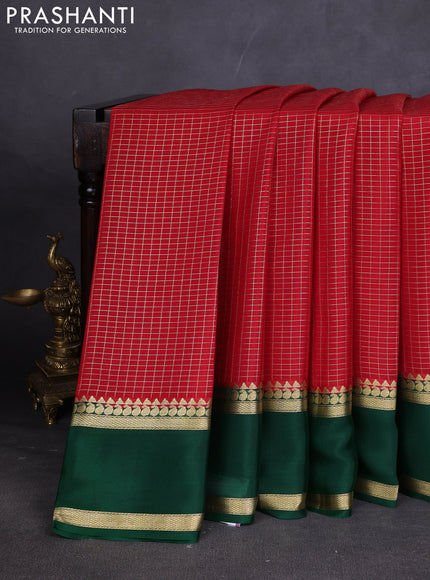 Pure mysore silk sareee kumkum red and bottle green with allover zari woven checked pattern and rettapet zari woven border