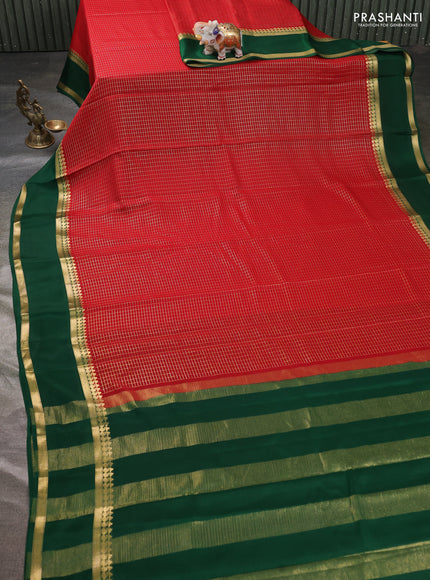 Pure mysore silk sareee kumkum red and bottle green with allover zari woven checked pattern and rettapet zari woven border