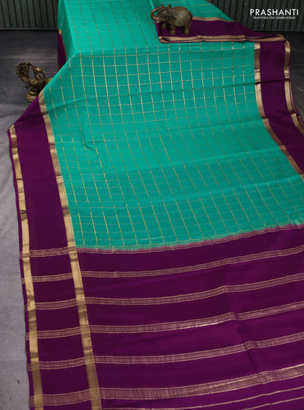Pure mysore silk sareee teal green and purple with allover zari woven checked pattern and rettapet zari woven border