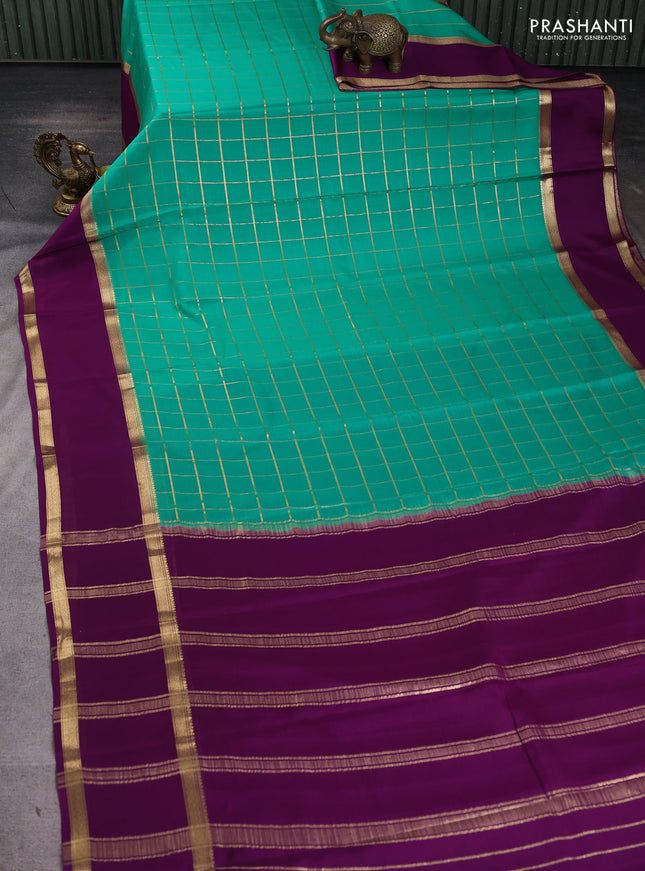 Pure mysore silk sareee teal green and purple with allover zari woven checked pattern and rettapet zari woven border