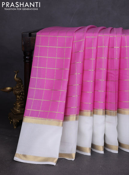 Pure mysore silk sareee lotus pink and off white with allover zari woven checked pattern and rettapet zari woven border