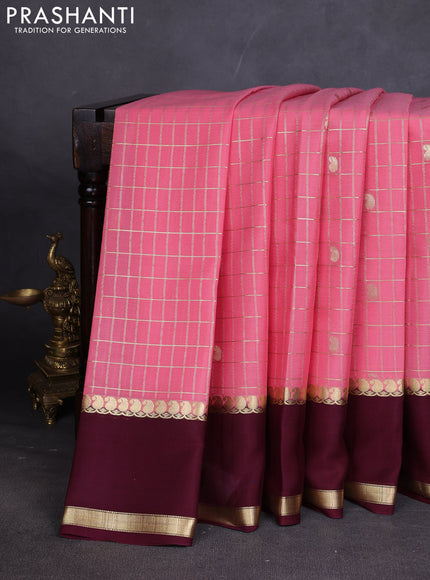 Pure mysore silk sareee peach shade and coffee brown with allover zari checks & buttas and rettapet zari woven border