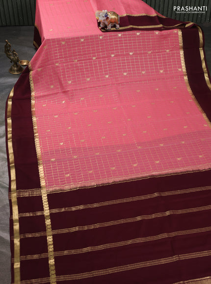 Pure mysore silk sareee peach shade and coffee brown with allover zari checks & buttas and rettapet zari woven border