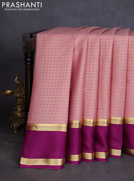 Pure mysore silk sareee pastel peach and purple with allover zari woven checked pattern and rettapet zari woven border