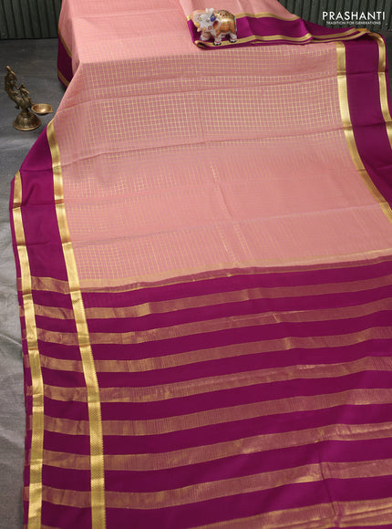 Pure mysore silk sareee pastel peach and purple with allover zari woven checked pattern and rettapet zari woven border