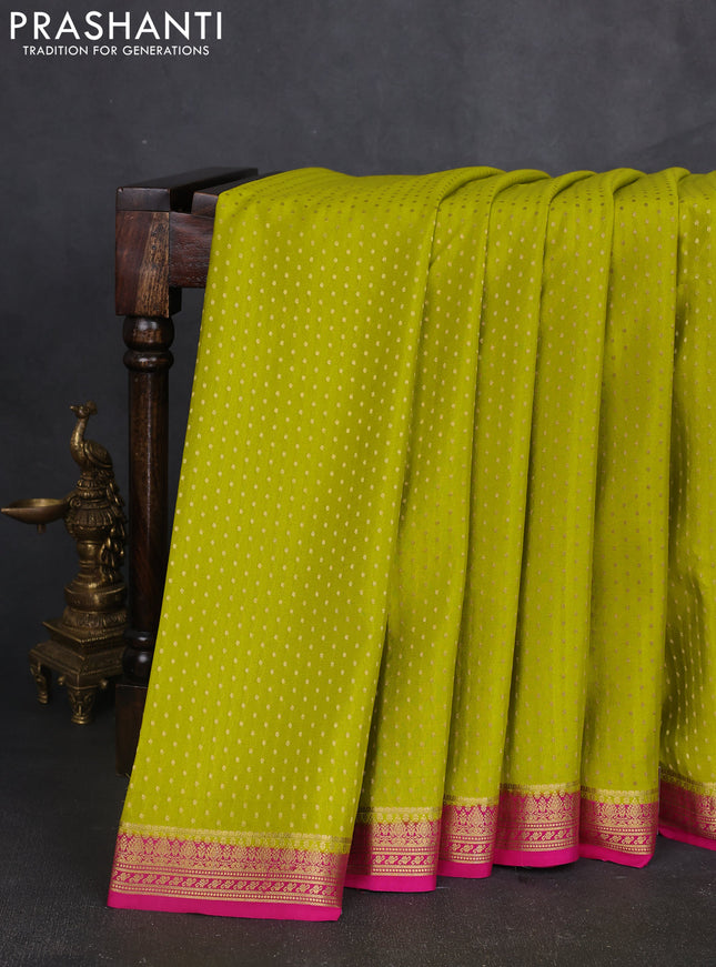 Pure mysore silk sareee lime yellow and pink with allover zari woven buttas and zari woven border