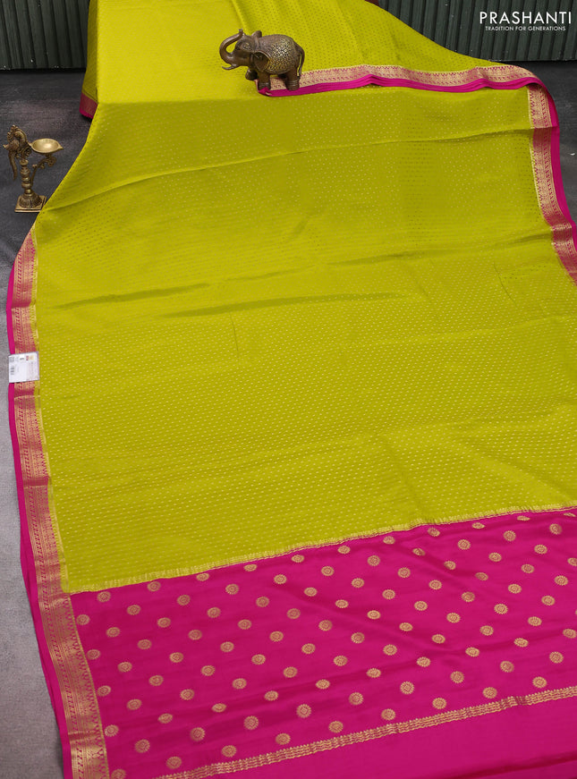 Pure mysore silk sareee lime yellow and pink with allover zari woven buttas and zari woven border