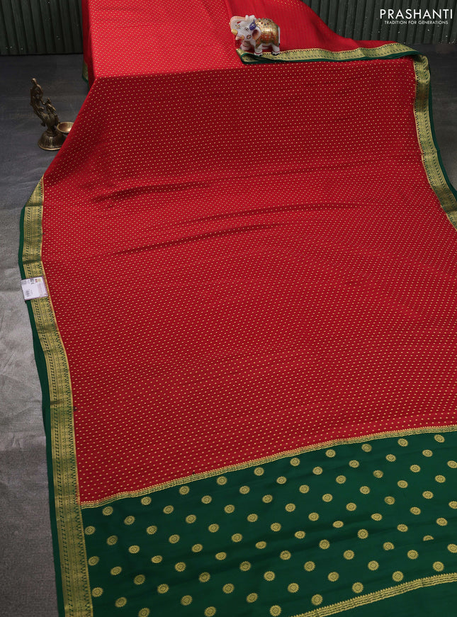 Pure mysore silk sareee red and green with allover zari woven buttas and zari woven border