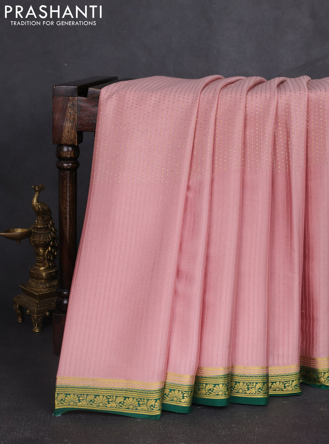 Pure mysore silk sareee pastel peach and green with allover zari woven buttas and zari woven border