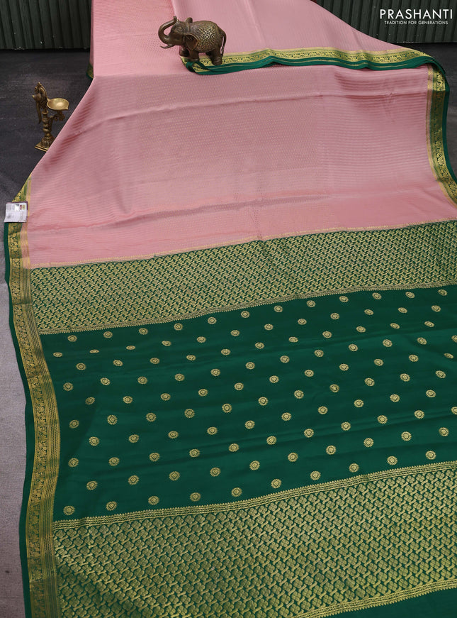 Pure mysore silk sareee pastel peach and green with allover zari woven buttas and zari woven border
