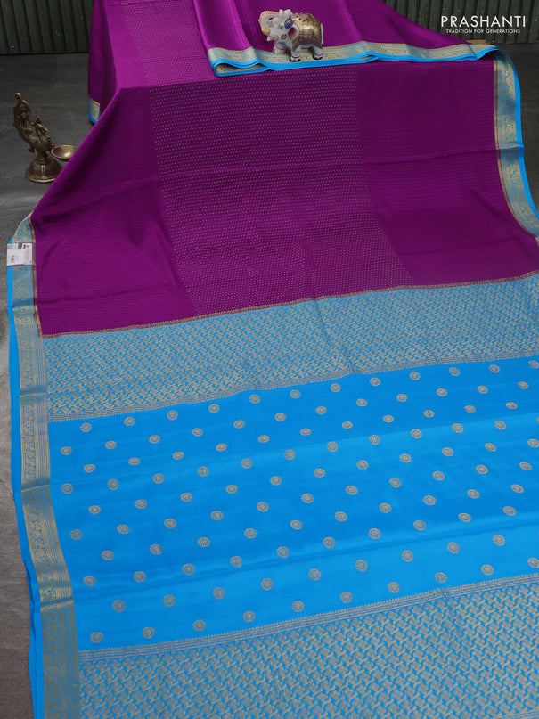 Pure mysore silk sareee purple and cs blue with allover zari woven buttas and zari woven border