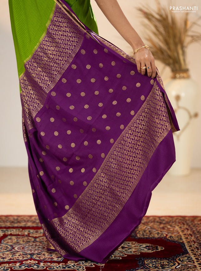 Pure mysore silk sareee mehendi green and purple with allover zari woven buttas and zari woven border