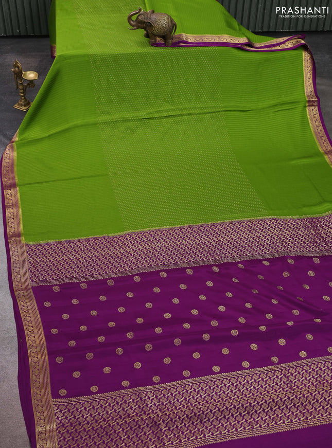 Pure mysore silk sareee mehendi green and purple with allover zari woven buttas and zari woven border