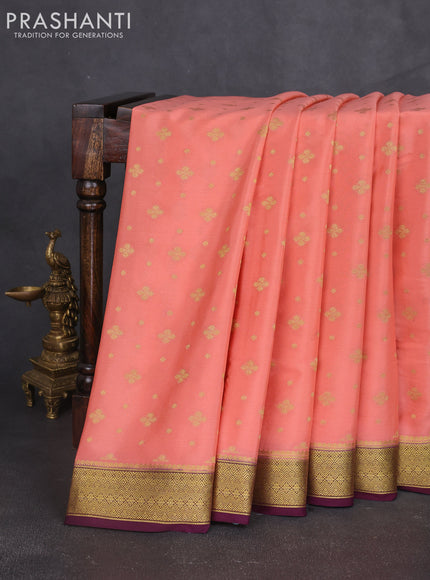 Pure mysore silk sareee peach orange and wine shade with allover zari woven buttas and zari woven border