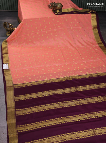 Pure mysore silk sareee peach orange and wine shade with allover zari woven buttas and zari woven border