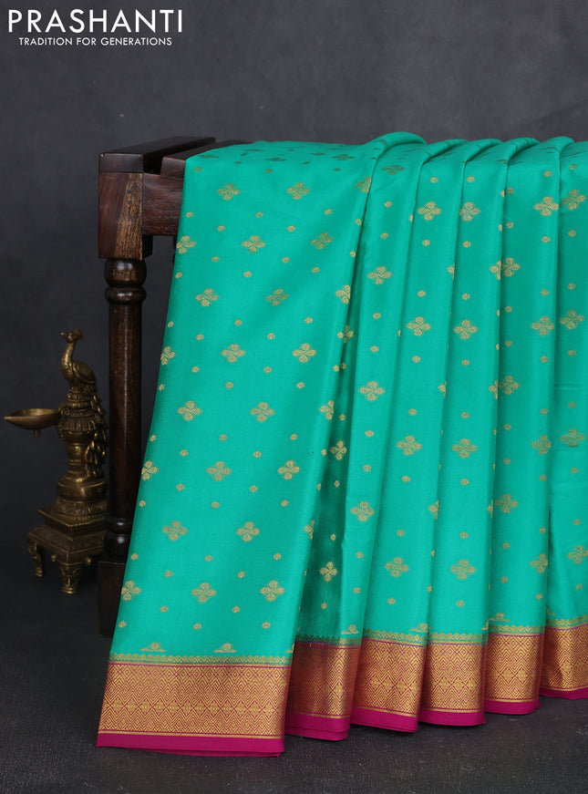 Pure mysore silk sareee teal green and pink with allover zari woven buttas and zari woven border