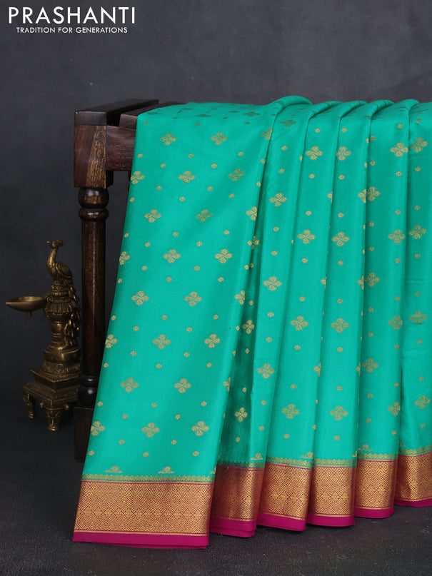 Pure mysore silk sareee teal green and pink with allover zari woven buttas and zari woven border