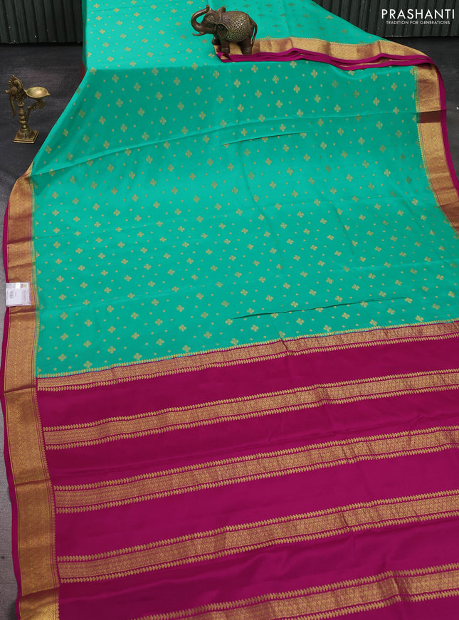 Pure mysore silk sareee teal green and pink with allover zari woven buttas and zari woven border