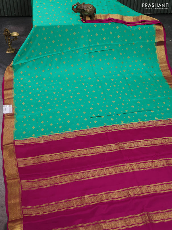 Pure mysore silk sareee teal green and pink with allover zari woven buttas and zari woven border
