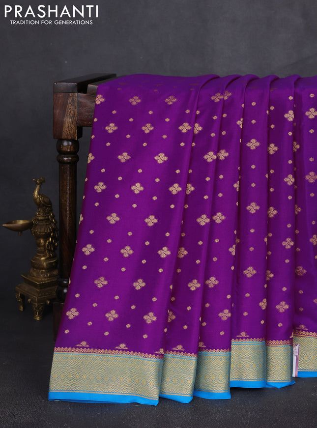 Pure mysore silk sareee purple and cs blue with allover zari woven buttas and zari woven border