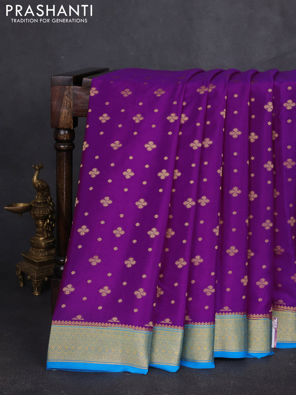 Pure mysore silk sareee purple and cs blue with allover zari woven buttas and zari woven border